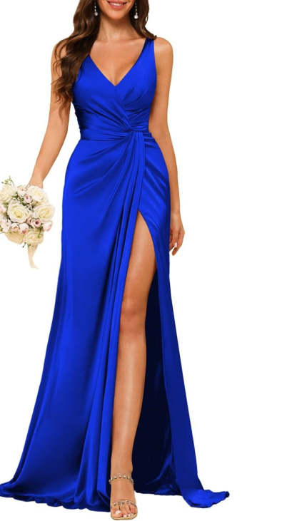 Princess V-neck sleeveless floor-length A-line bridesmaid dress featuring a split