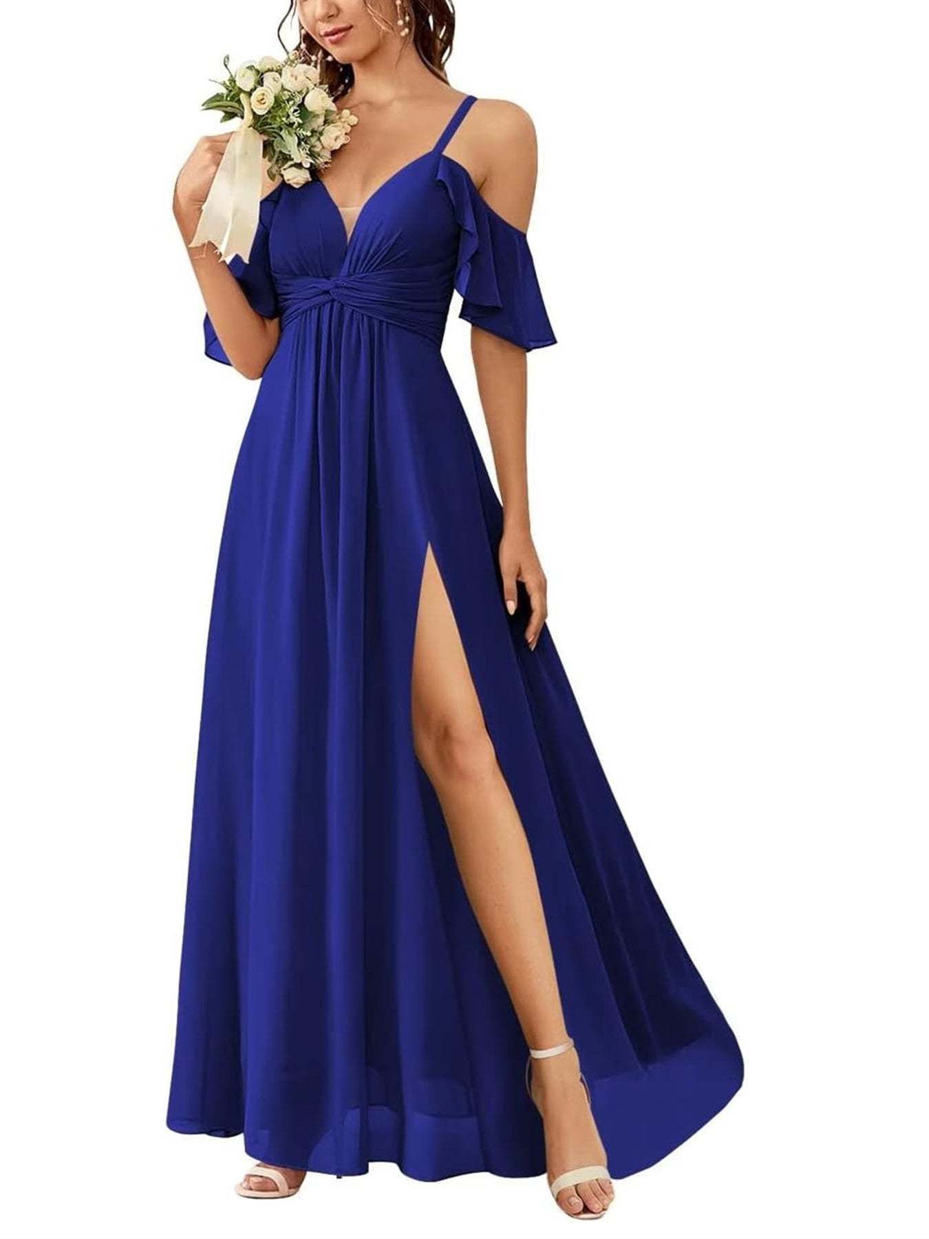 Floor-length Princess A-line Bridesmaid Dresses with Pockets and Off-the-Shoulder Neckline