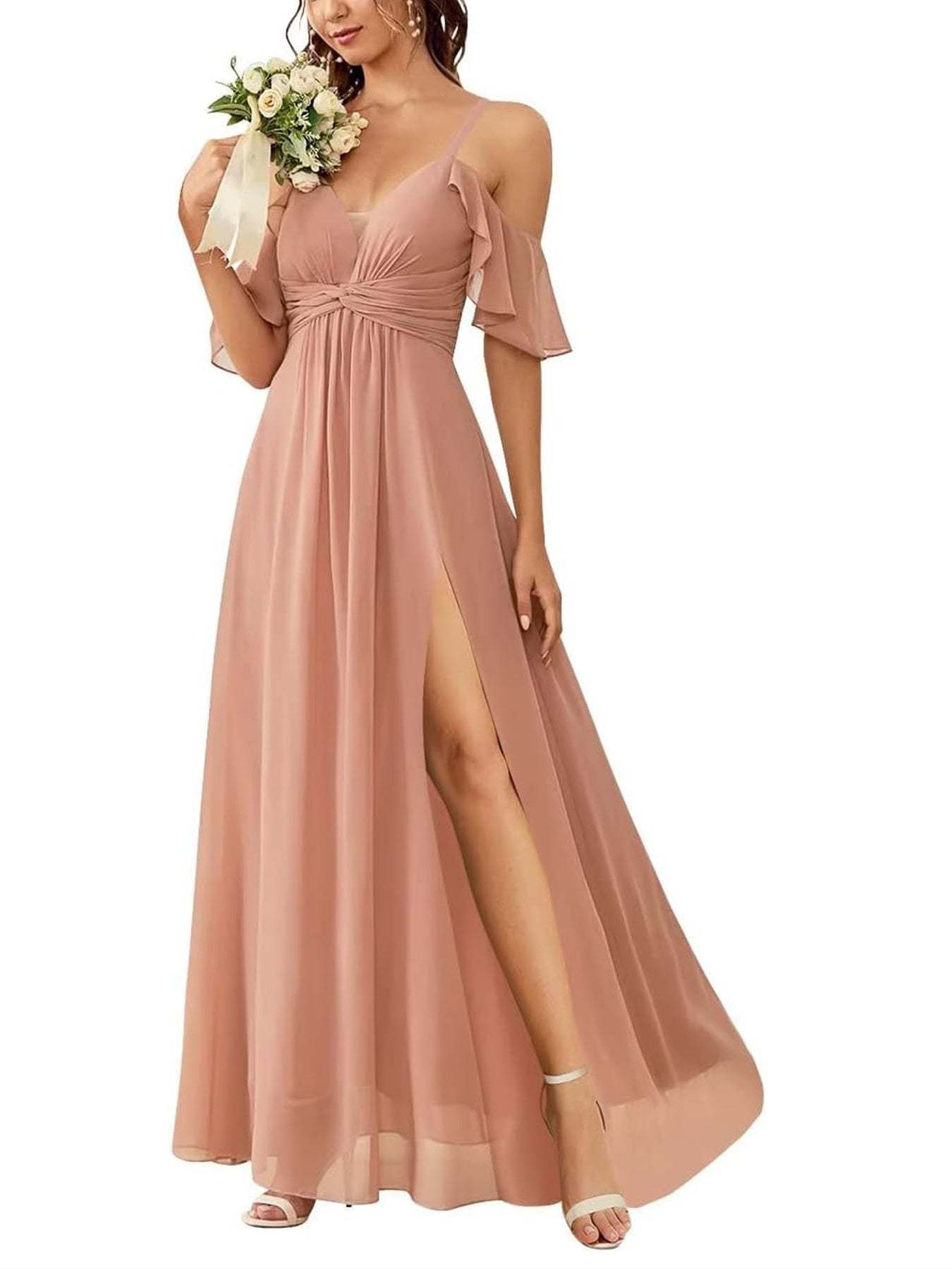 Floor-length Princess A-line Bridesmaid Dresses with Pockets and Off-the-Shoulder Neckline