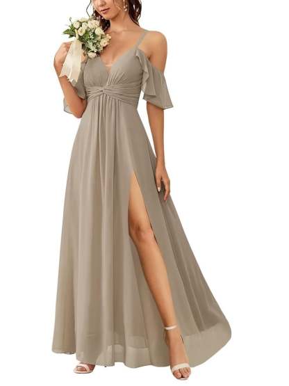 Floor-length Princess A-line Bridesmaid Dresses with Pockets and Off-the-Shoulder Neckline