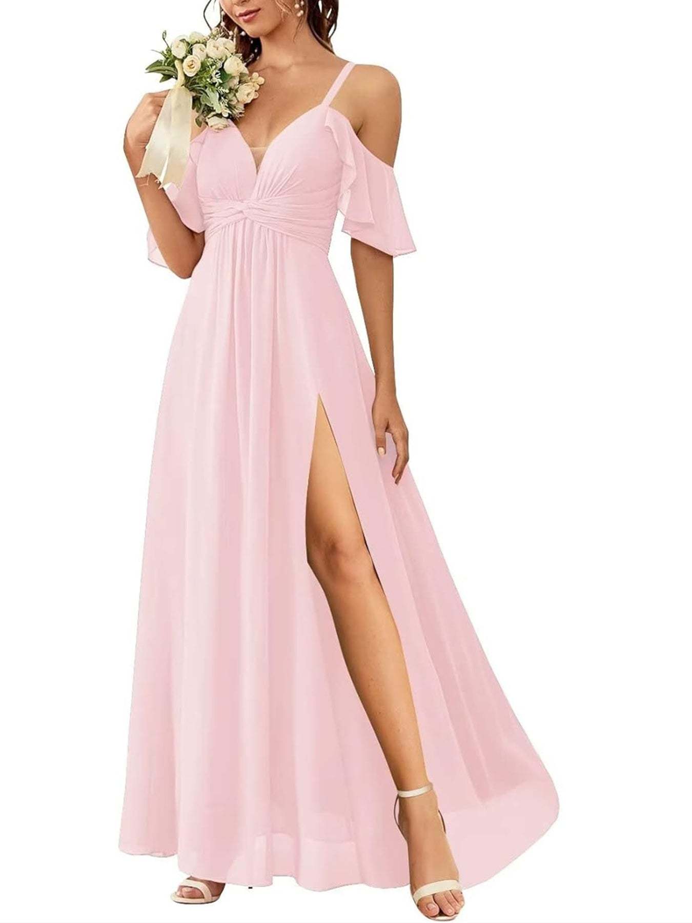 Floor-length Princess A-line Bridesmaid Dresses with Pockets and Off-the-Shoulder Neckline