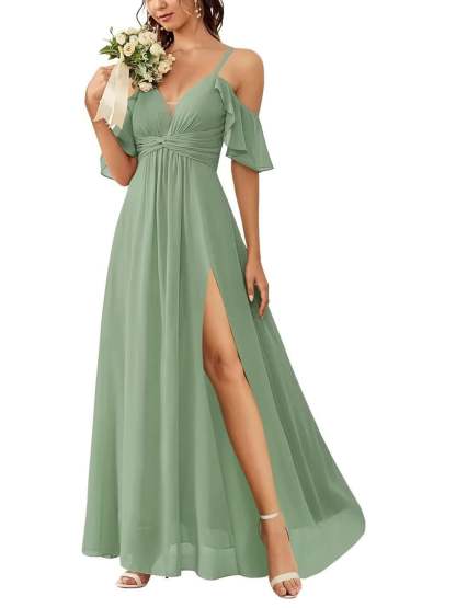 Floor-length Princess A-line Bridesmaid Dresses with Pockets and Off-the-Shoulder Neckline