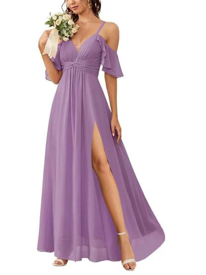 Floor-length Princess A-line Bridesmaid Dresses with Pockets and Off-the-Shoulder Neckline