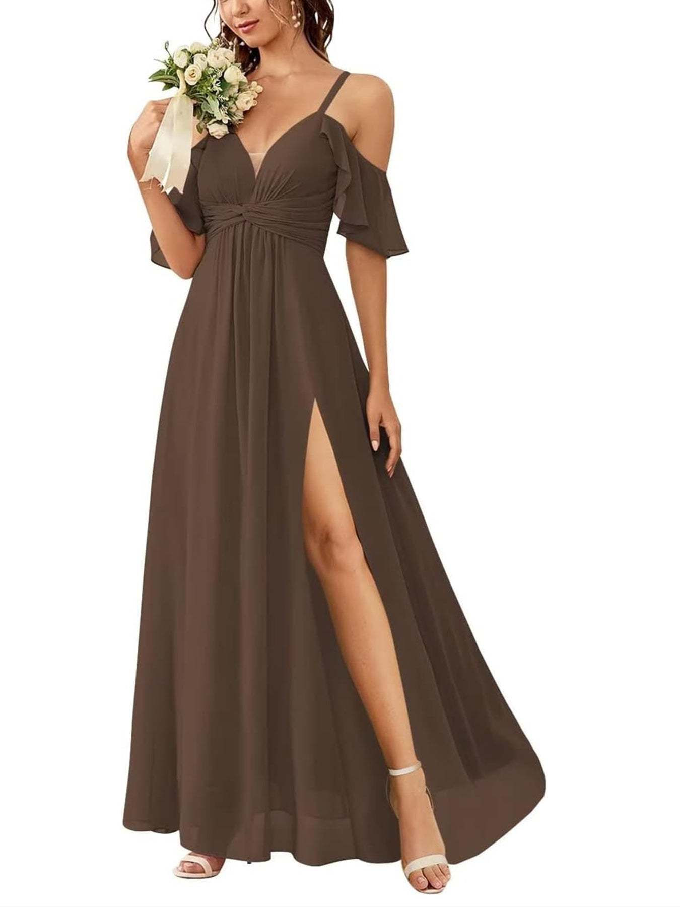 Floor-length Princess A-line Bridesmaid Dresses with Pockets and Off-the-Shoulder Neckline
