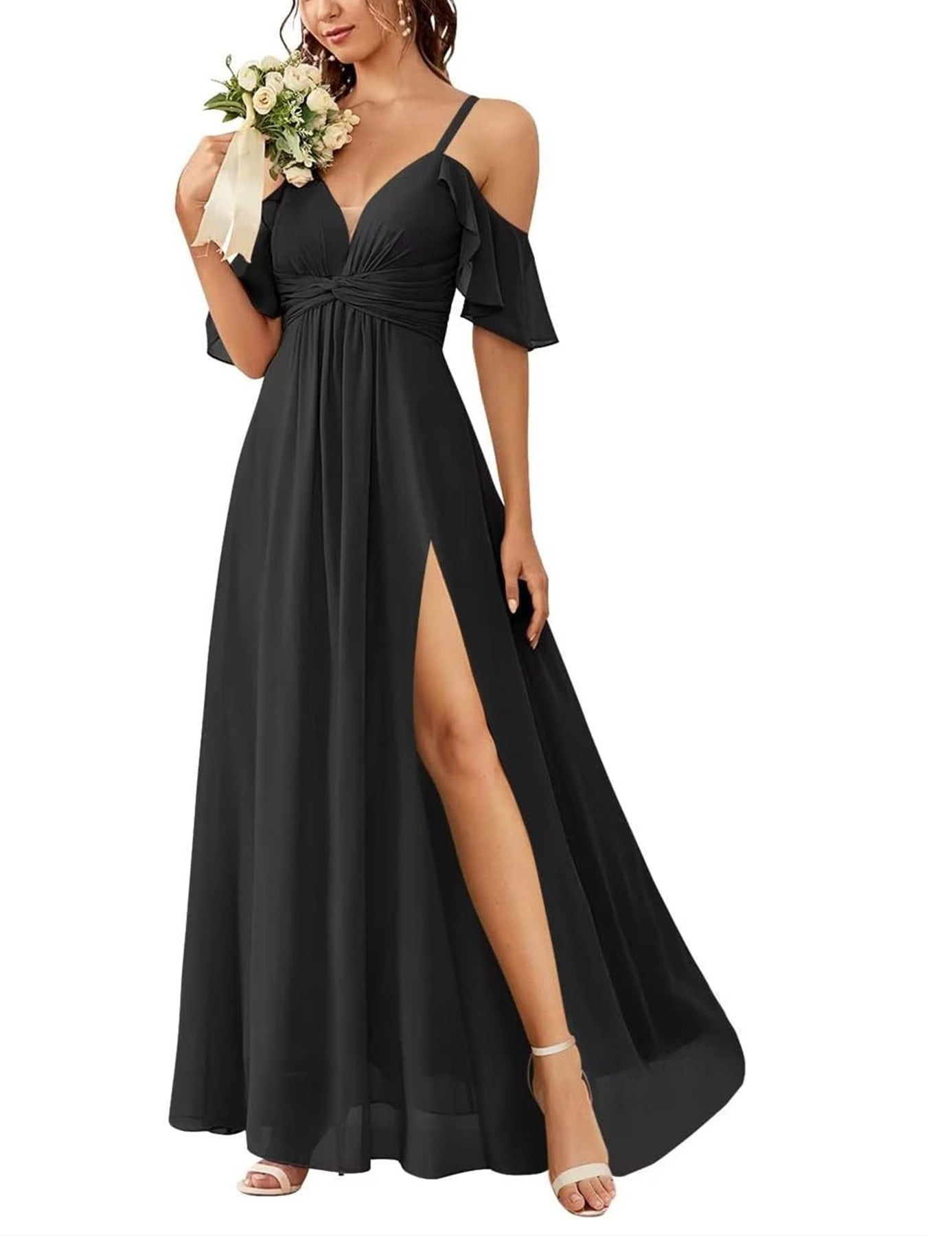 Floor-length Princess A-line Bridesmaid Dresses with Pockets and Off-the-Shoulder Neckline