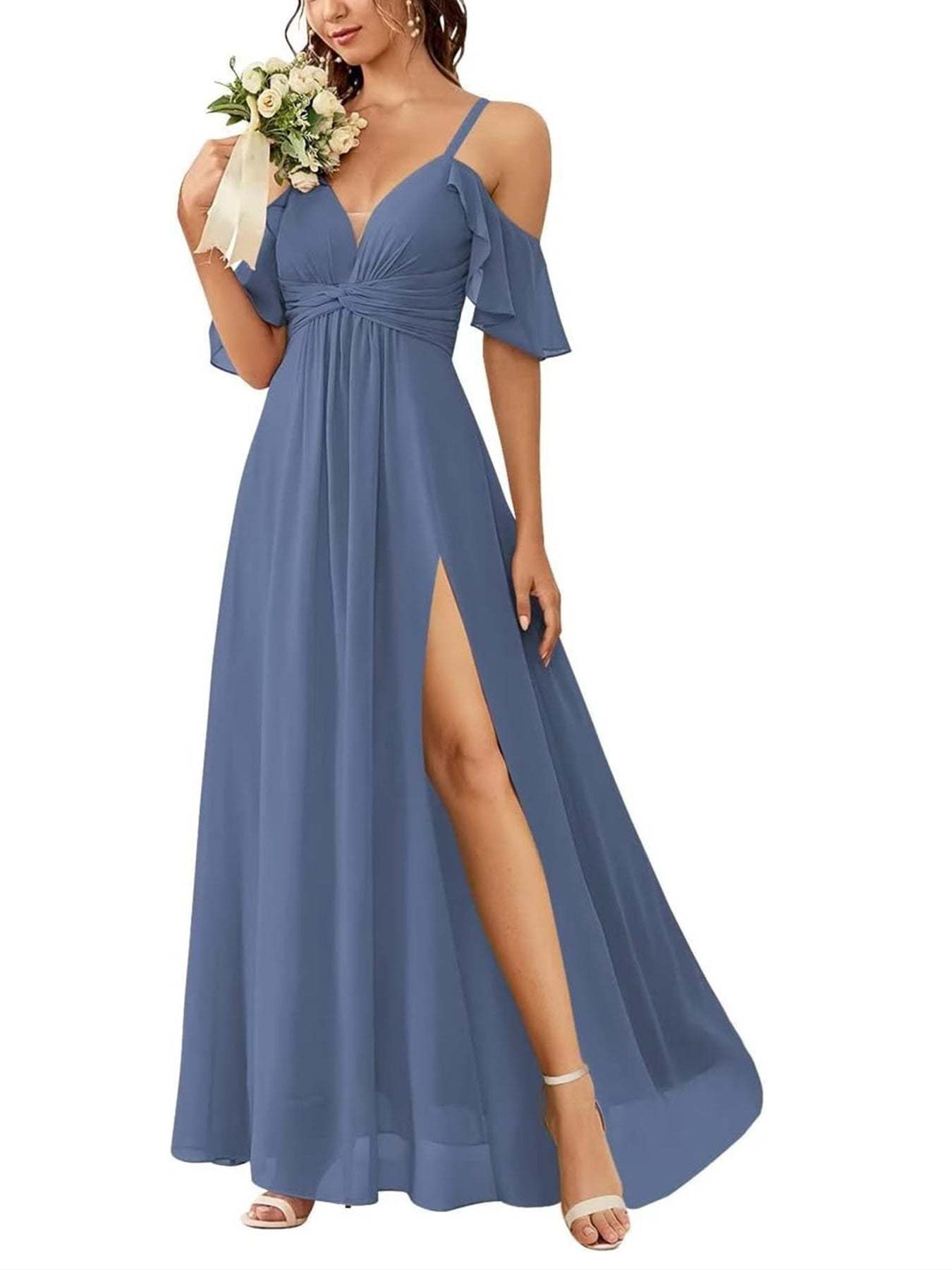 Floor-length Princess A-line Bridesmaid Dresses with Pockets and Off-the-Shoulder Neckline