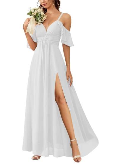 Floor-length Princess A-line Bridesmaid Dresses with Pockets and Off-the-Shoulder Neckline