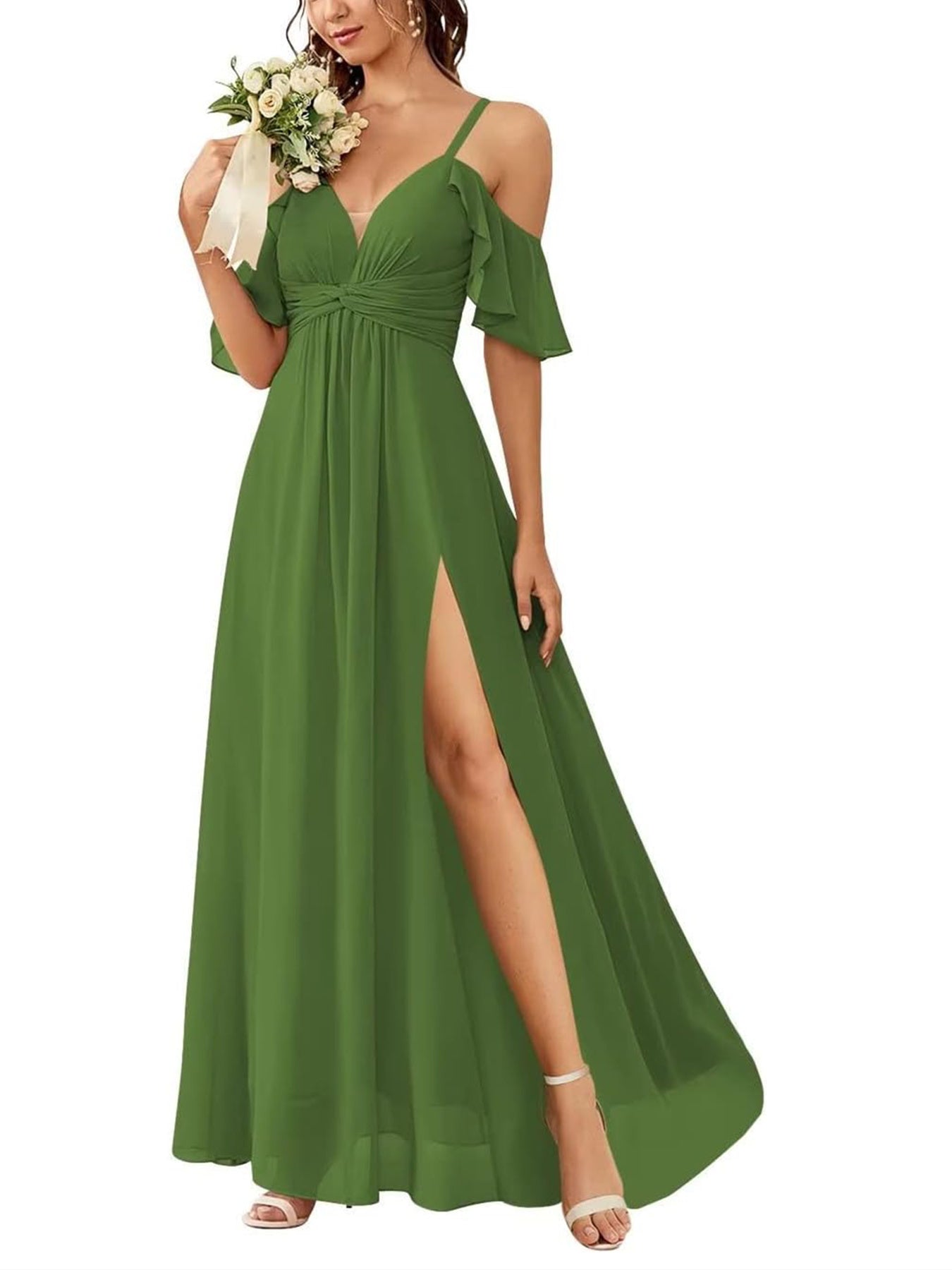 Floor-length Princess A-line Bridesmaid Dresses with Pockets and Off-the-Shoulder Neckline