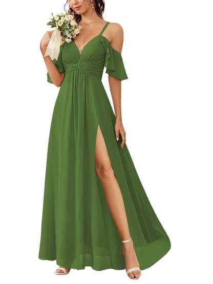 Floor-length Princess A-line Bridesmaid Dresses with Pockets and Off-the-Shoulder Neckline