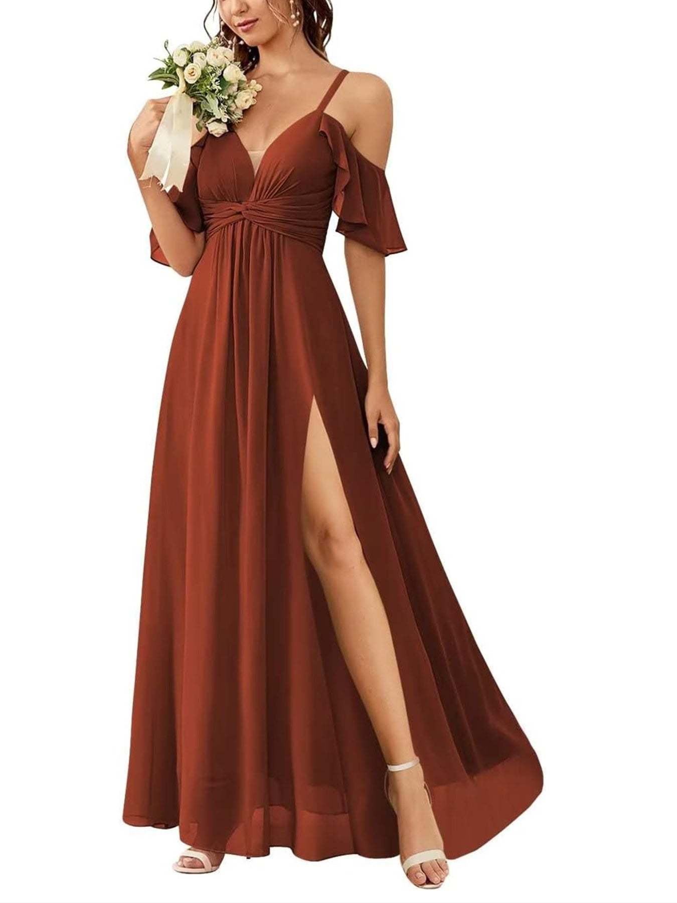 Floor-length Princess A-line Bridesmaid Dresses with Pockets and Off-the-Shoulder Neckline