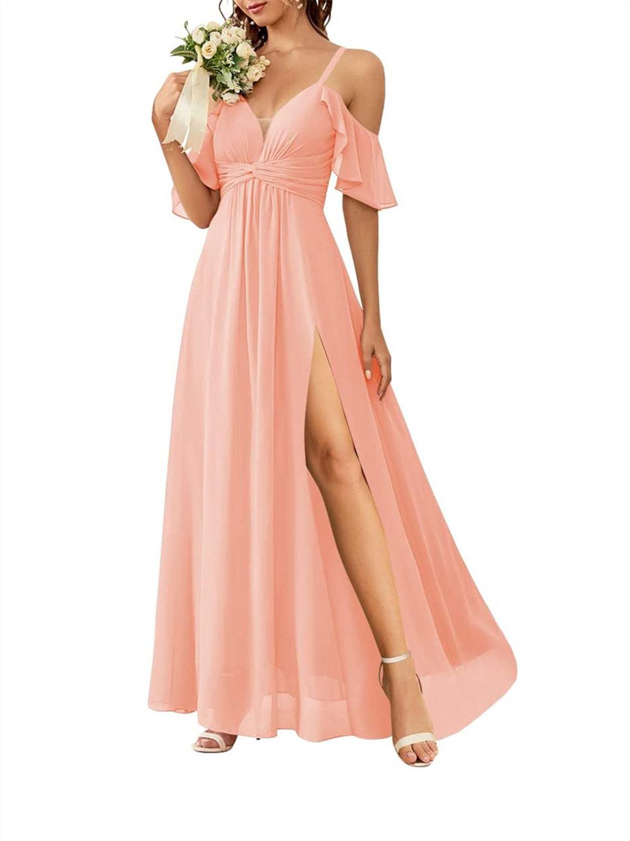 Floor-length Princess A-line Bridesmaid Dresses with Pockets and Off-the-Shoulder Neckline
