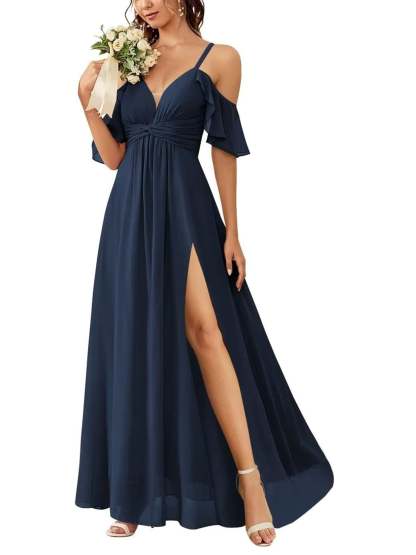 Floor-length Princess A-line Bridesmaid Dresses with Pockets and Off-the-Shoulder Neckline