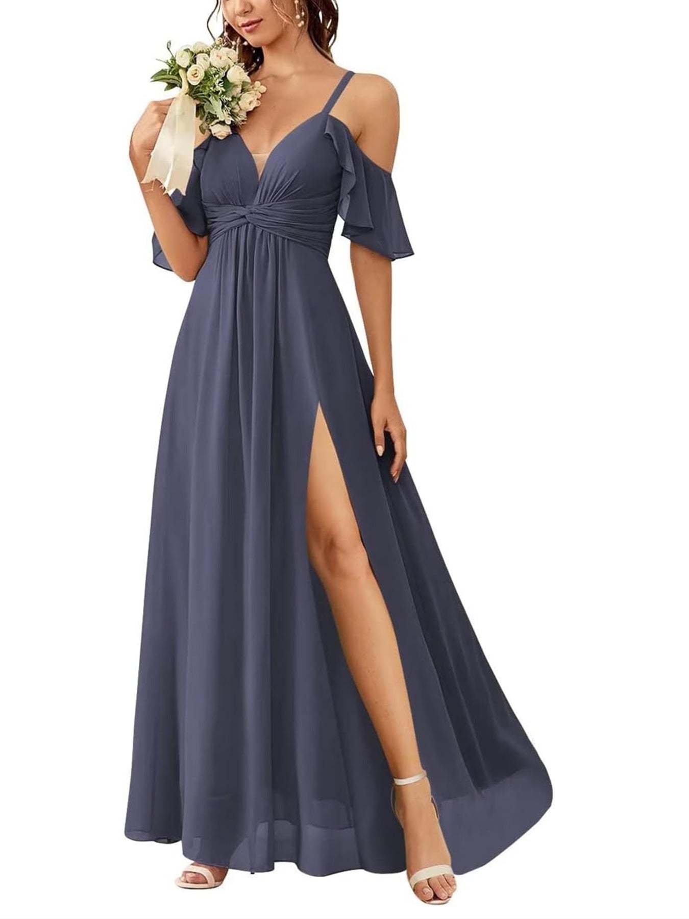 Floor-length Princess A-line Bridesmaid Dresses with Pockets and Off-the-Shoulder Neckline