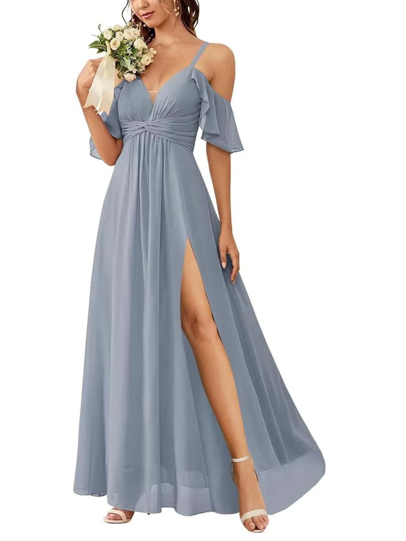 Floor-length Princess A-line Bridesmaid Dresses with Pockets and Off-the-Shoulder Neckline