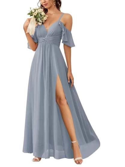 Floor-length Princess A-line Bridesmaid Dresses with Pockets and Off-the-Shoulder Neckline