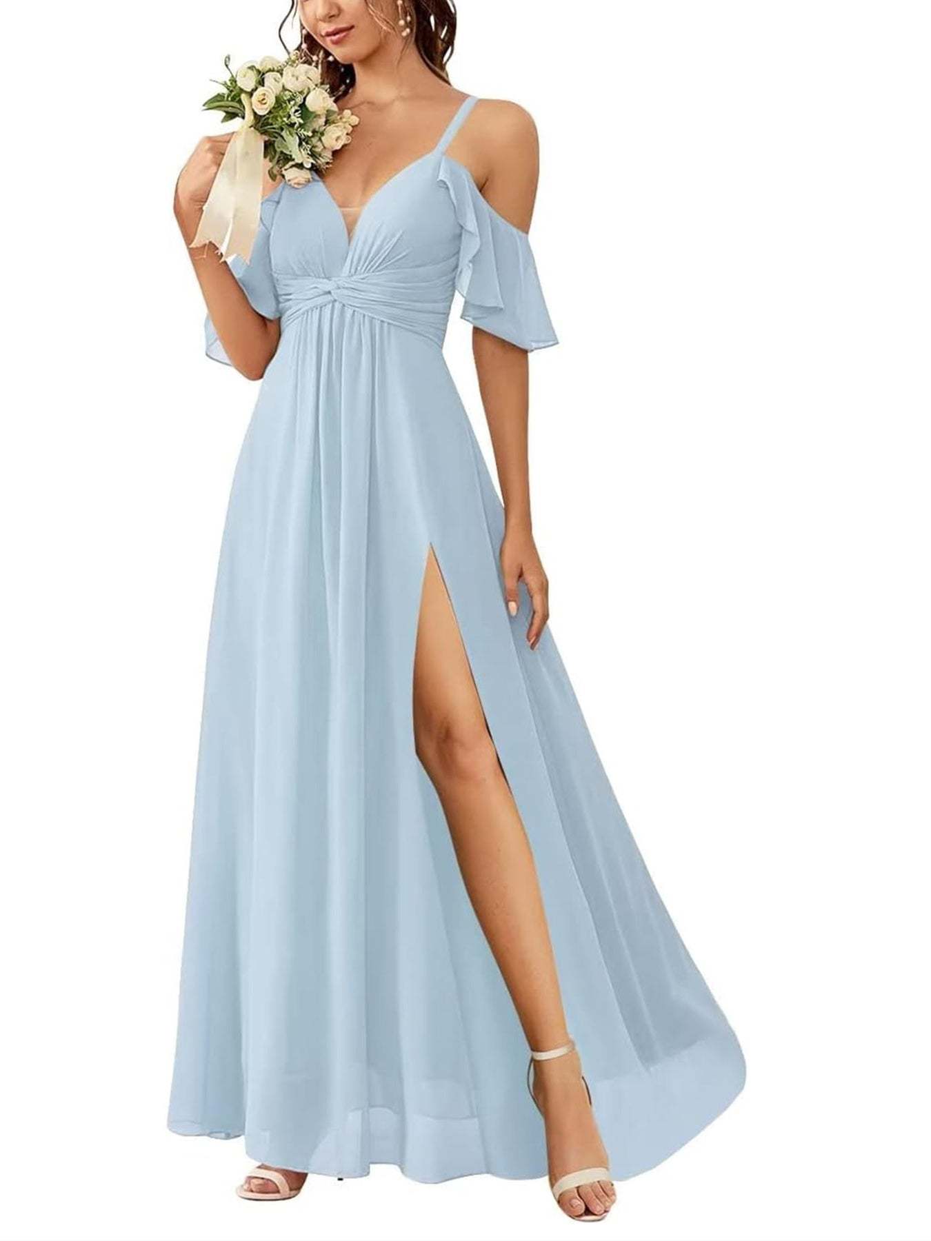 Floor-length Princess A-line Bridesmaid Dresses with Pockets and Off-the-Shoulder Neckline