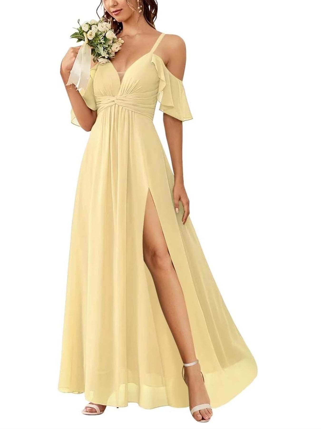 Floor-length Princess A-line Bridesmaid Dresses with Pockets and Off-the-Shoulder Neckline
