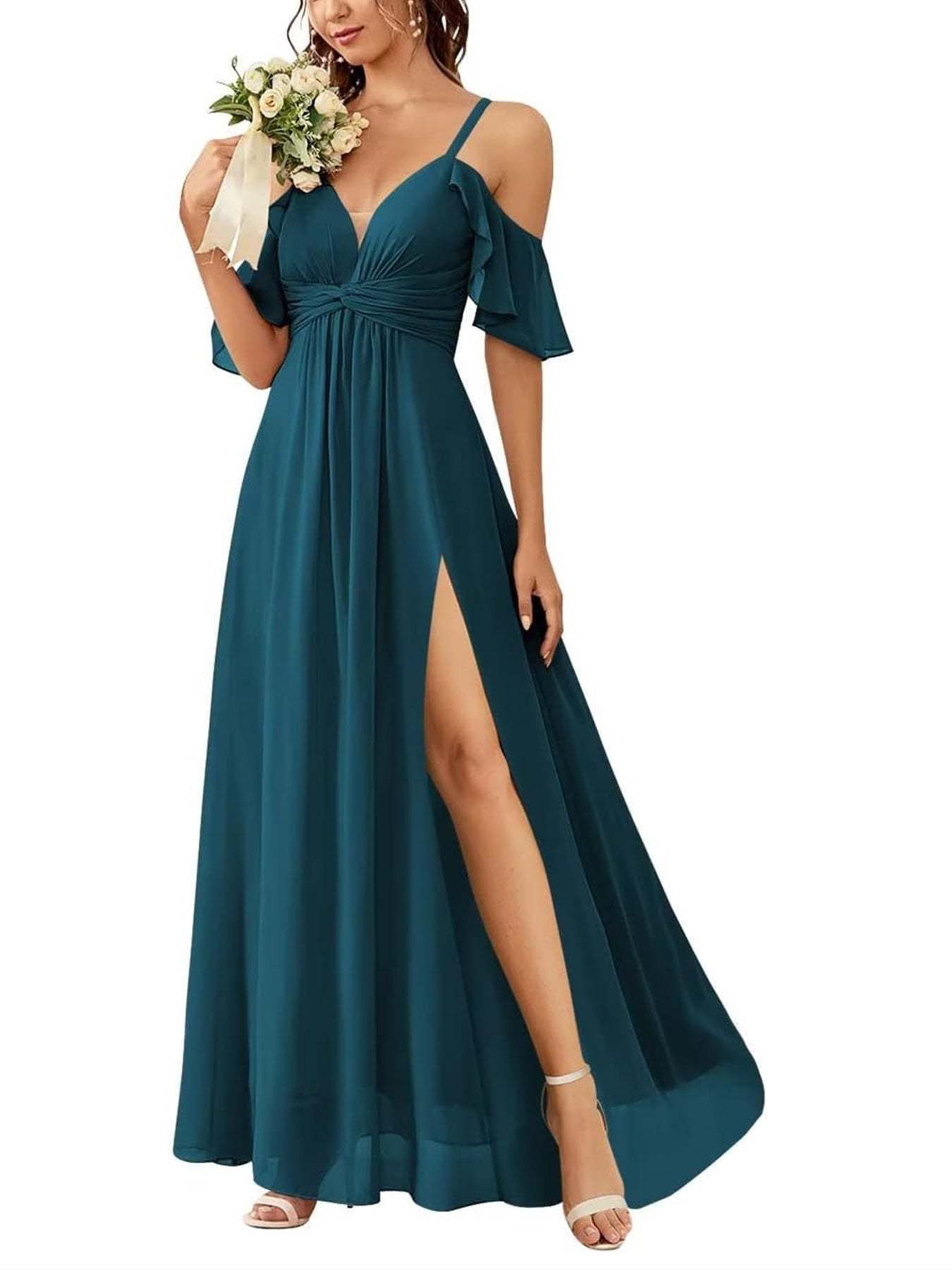 Floor-length Princess A-line Bridesmaid Dresses with Pockets and Off-the-Shoulder Neckline