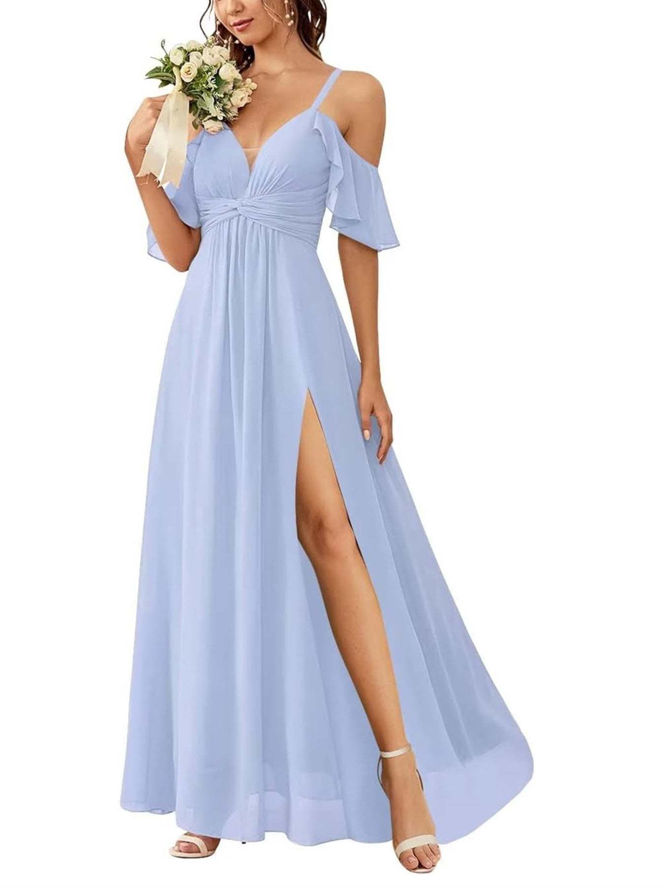 Floor-length Princess A-line Bridesmaid Dresses with Pockets and Off-the-Shoulder Neckline