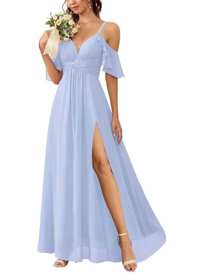Floor-length Princess A-line Bridesmaid Dresses with Pockets and Off-the-Shoulder Neckline