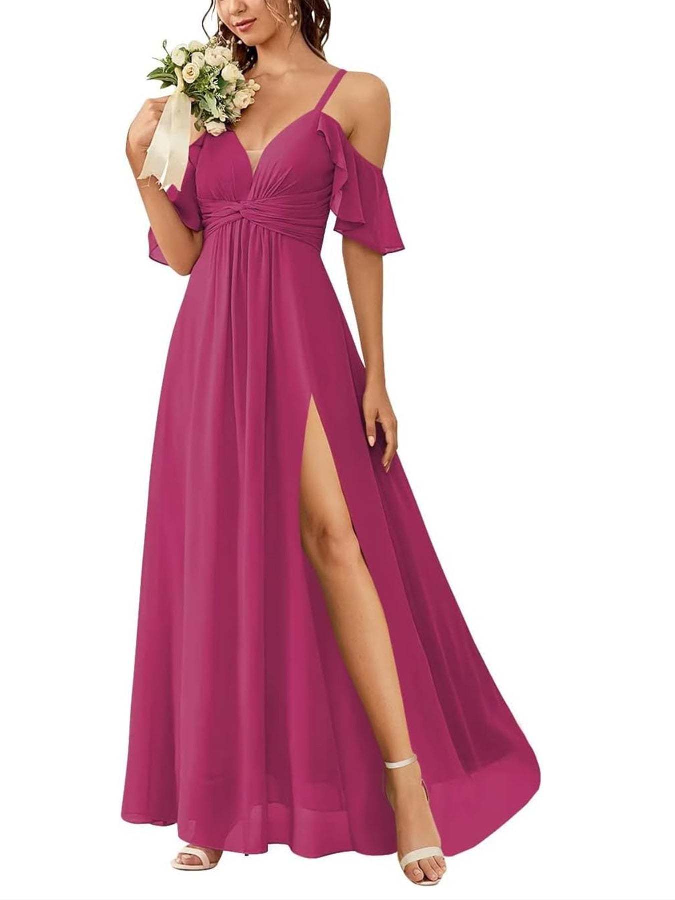 Floor-length Princess A-line Bridesmaid Dresses with Pockets and Off-the-Shoulder Neckline