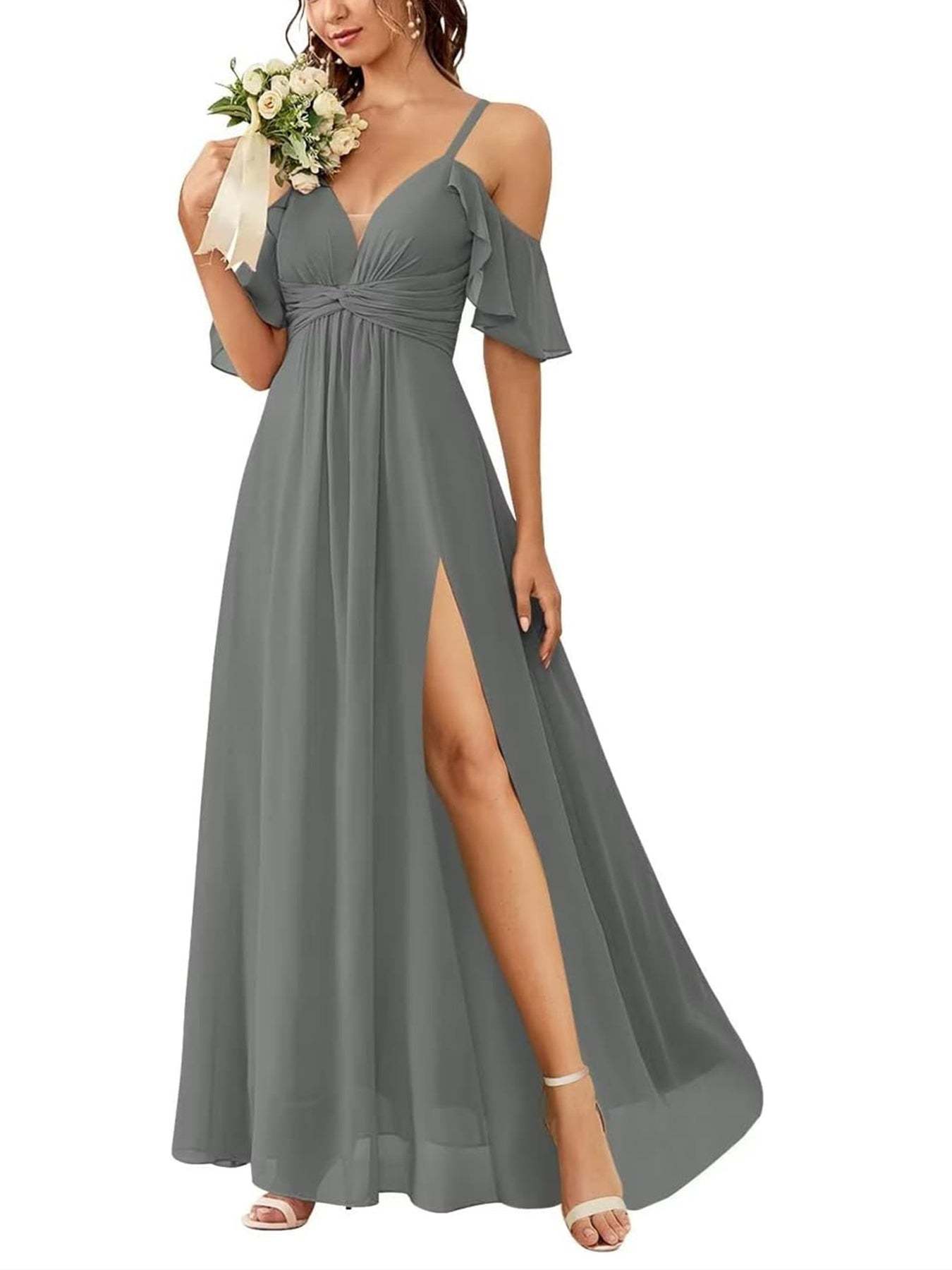 Floor-length Princess A-line Bridesmaid Dresses with Pockets and Off-the-Shoulder Neckline