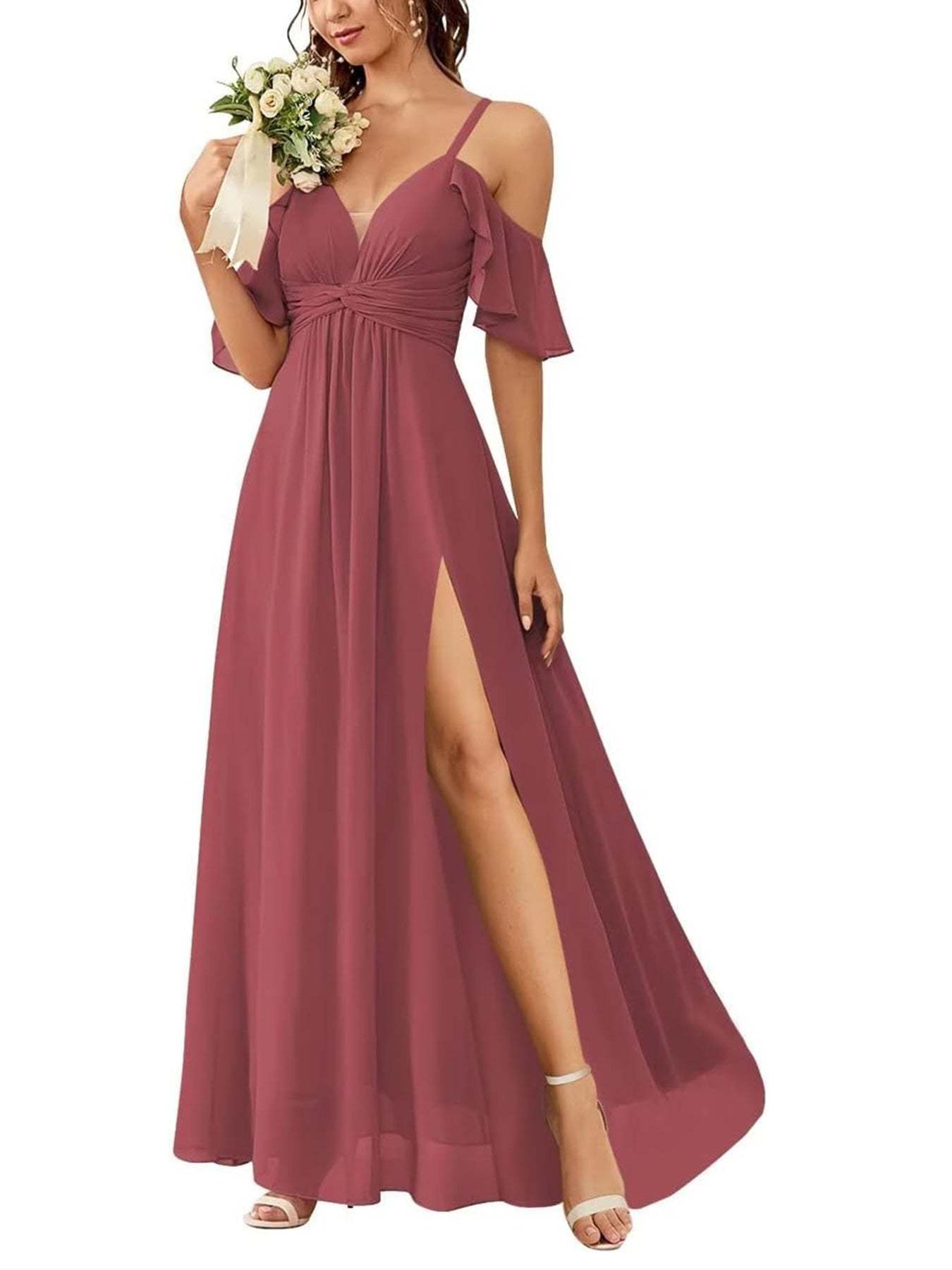 Floor-length Princess A-line Bridesmaid Dresses with Pockets and Off-the-Shoulder Neckline
