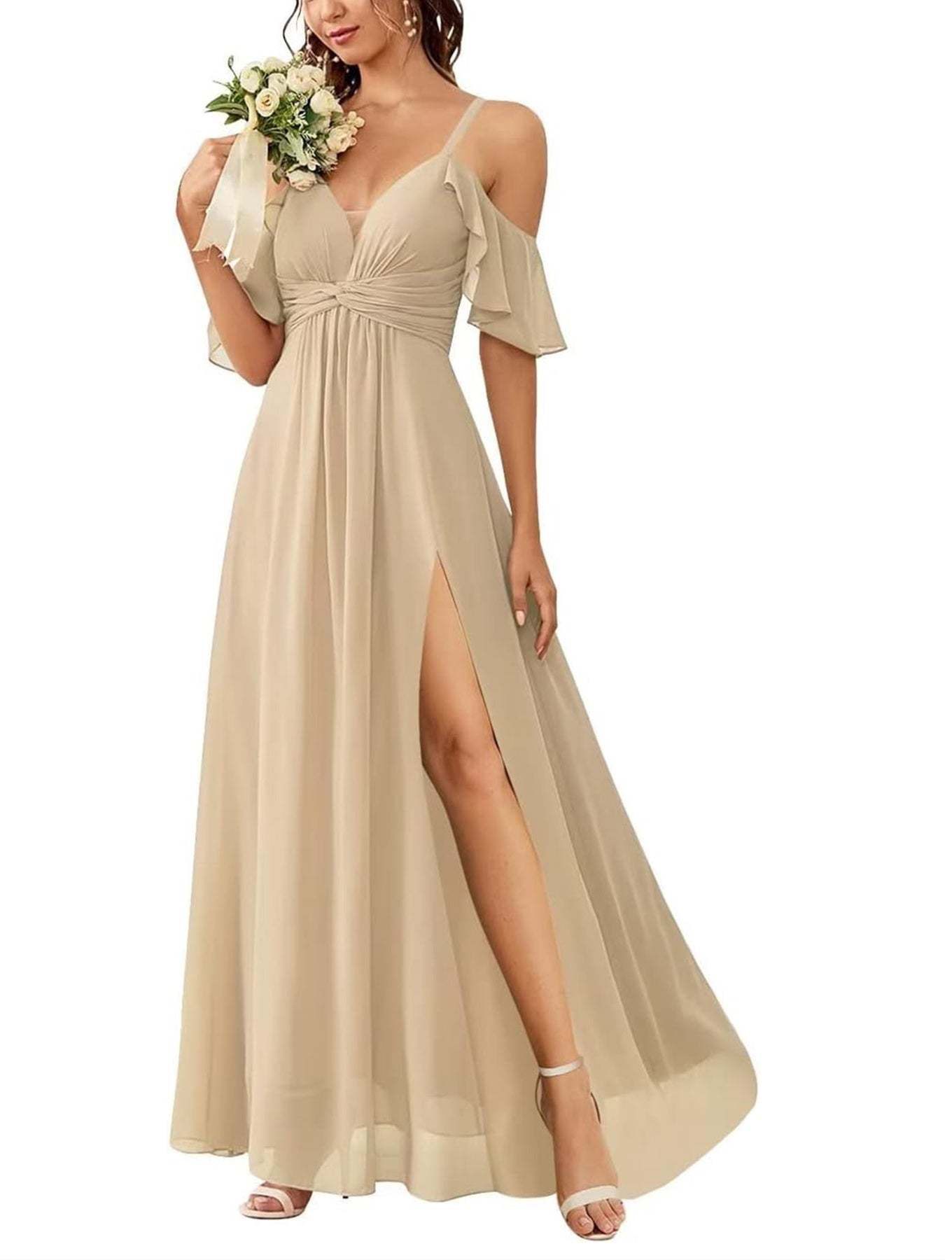 Floor-length Princess A-line Bridesmaid Dresses with Pockets and Off-the-Shoulder Neckline