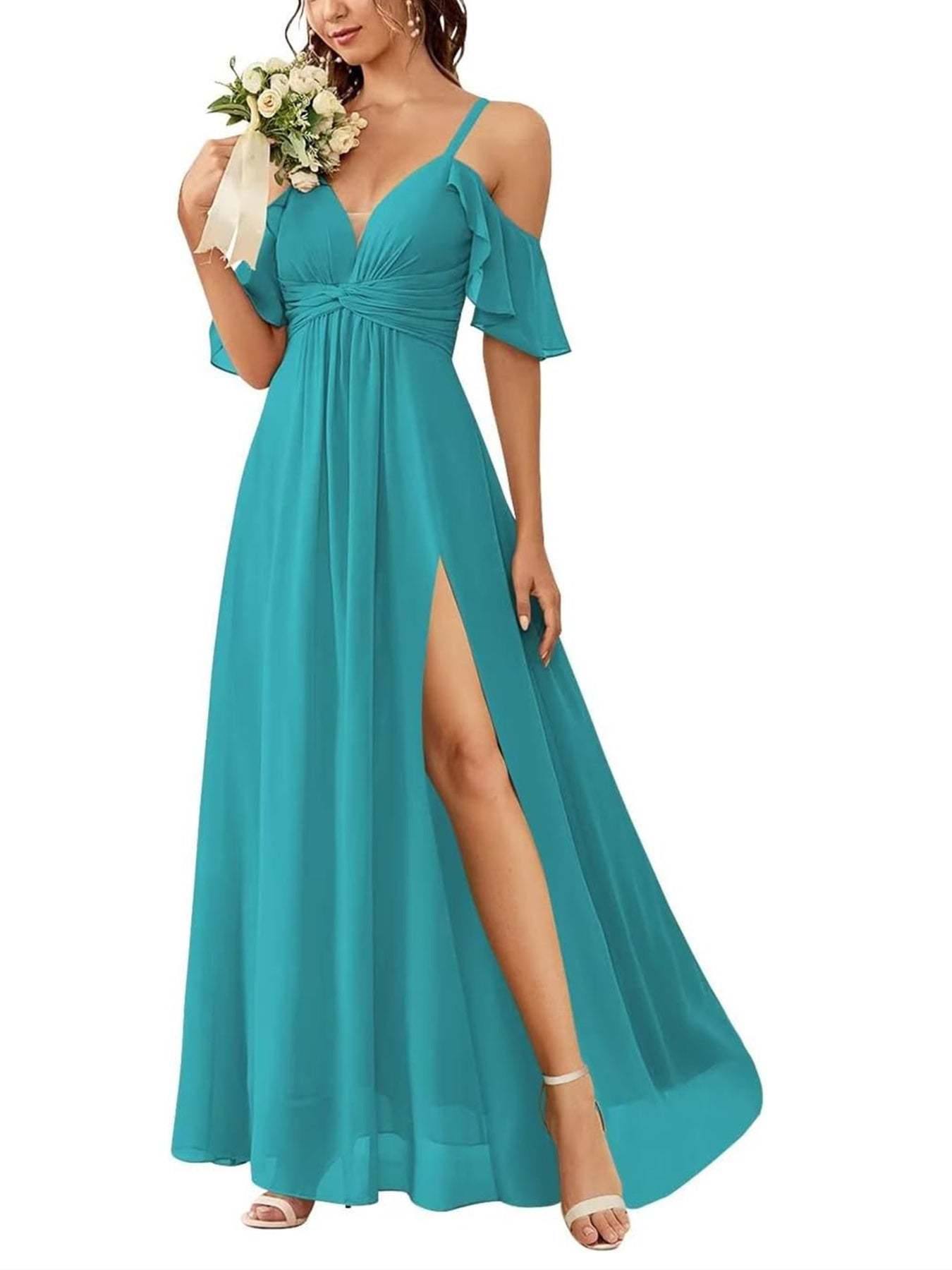 Floor-length Princess A-line Bridesmaid Dresses with Pockets and Off-the-Shoulder Neckline
