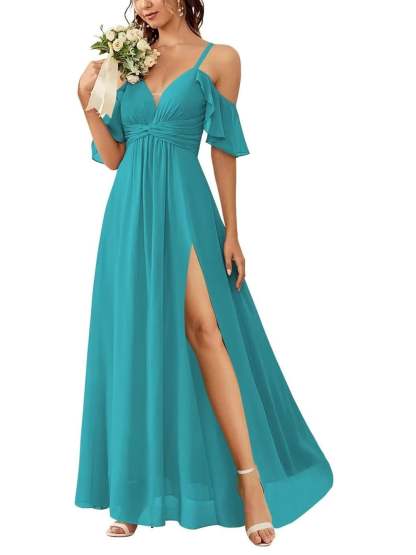 Floor-length Princess A-line Bridesmaid Dresses with Pockets and Off-the-Shoulder Neckline