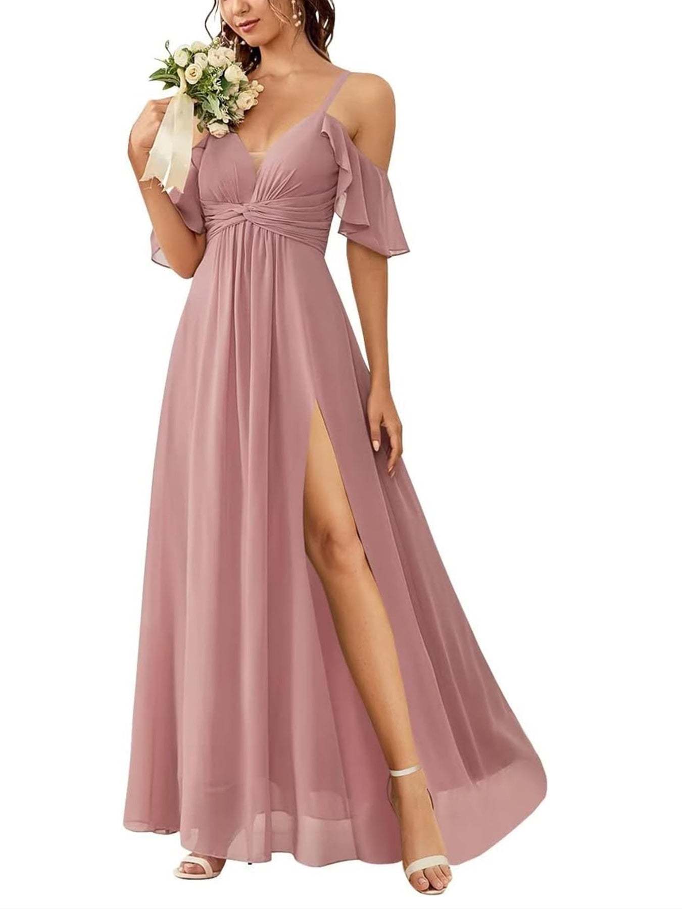 Floor-length Princess A-line Bridesmaid Dresses with Pockets and Off-the-Shoulder Neckline