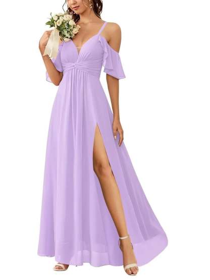 Floor-length Princess A-line Bridesmaid Dresses with Pockets and Off-the-Shoulder Neckline