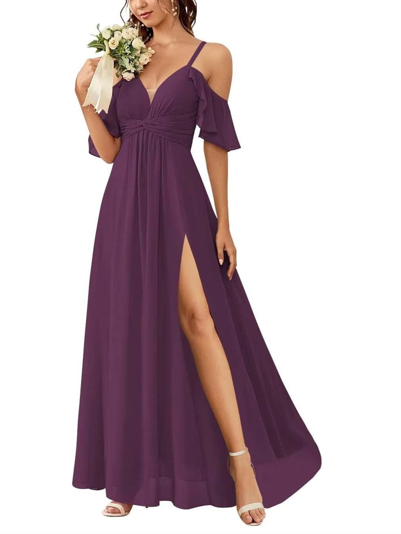 Floor-length Princess A-line Bridesmaid Dresses with Pockets and Off-the-Shoulder Neckline