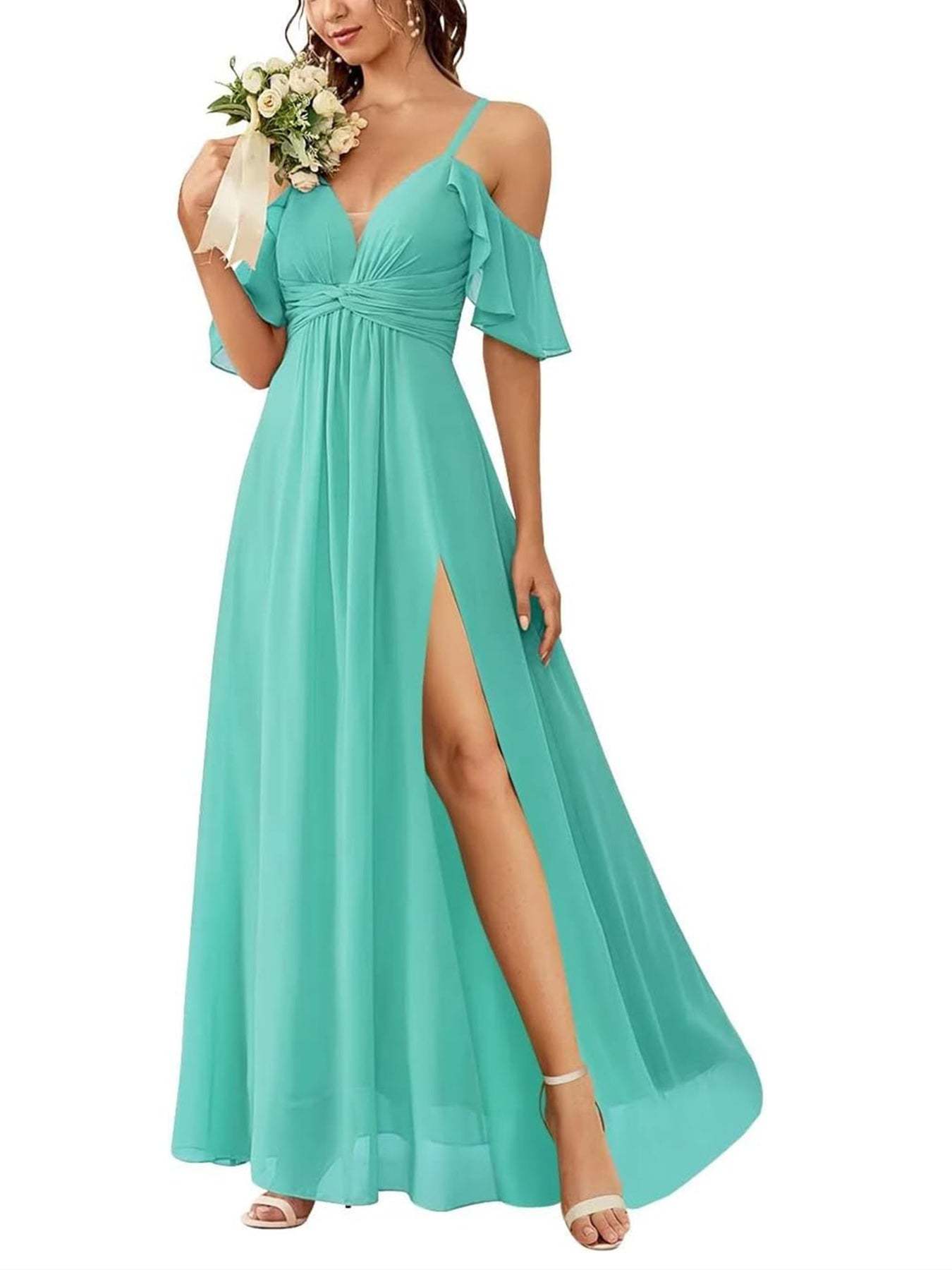 Floor-length Princess A-line Bridesmaid Dresses with Pockets and Off-the-Shoulder Neckline