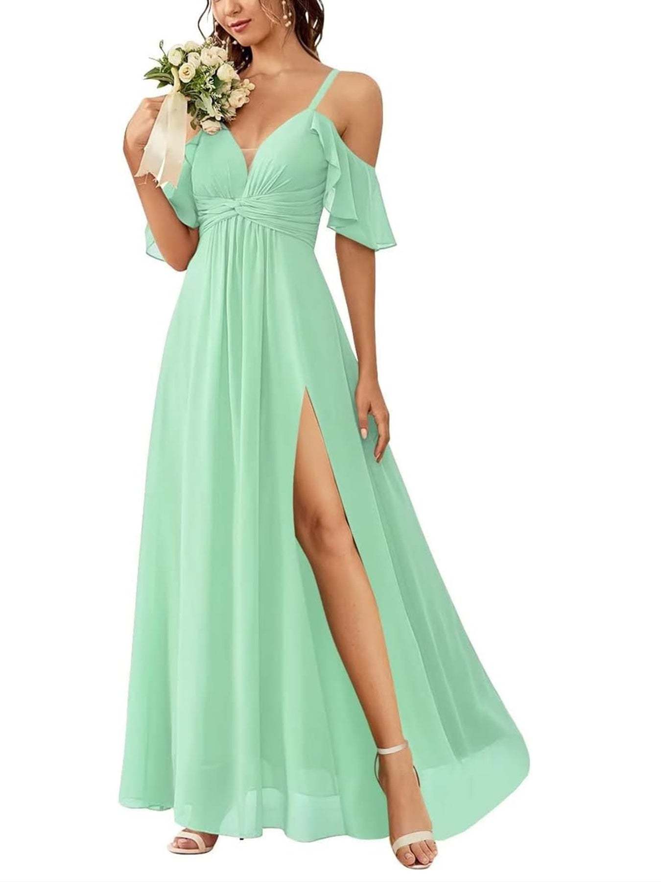 Floor-length Princess A-line Bridesmaid Dresses with Pockets and Off-the-Shoulder Neckline