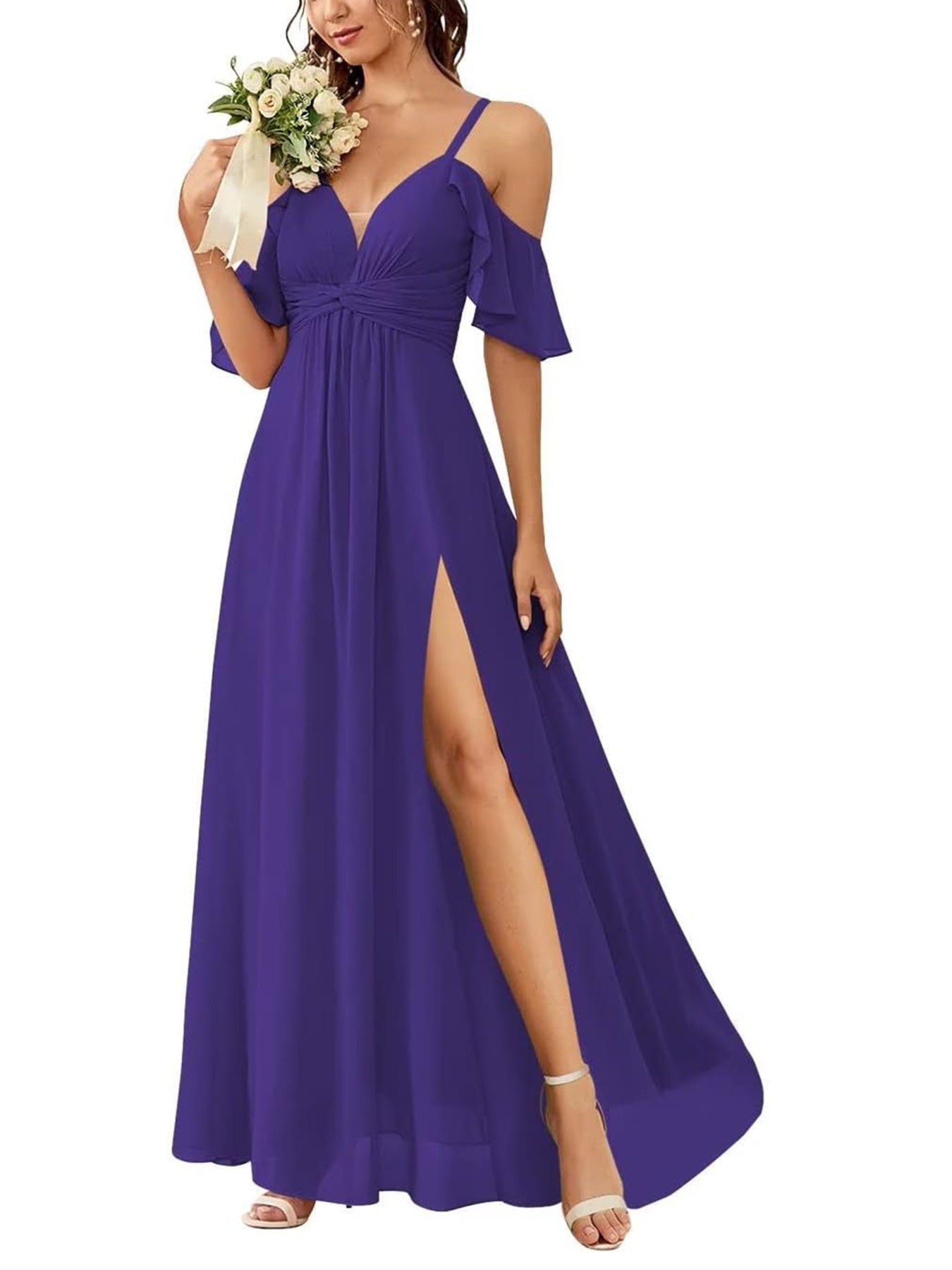 Floor-length Princess A-line Bridesmaid Dresses with Pockets and Off-the-Shoulder Neckline