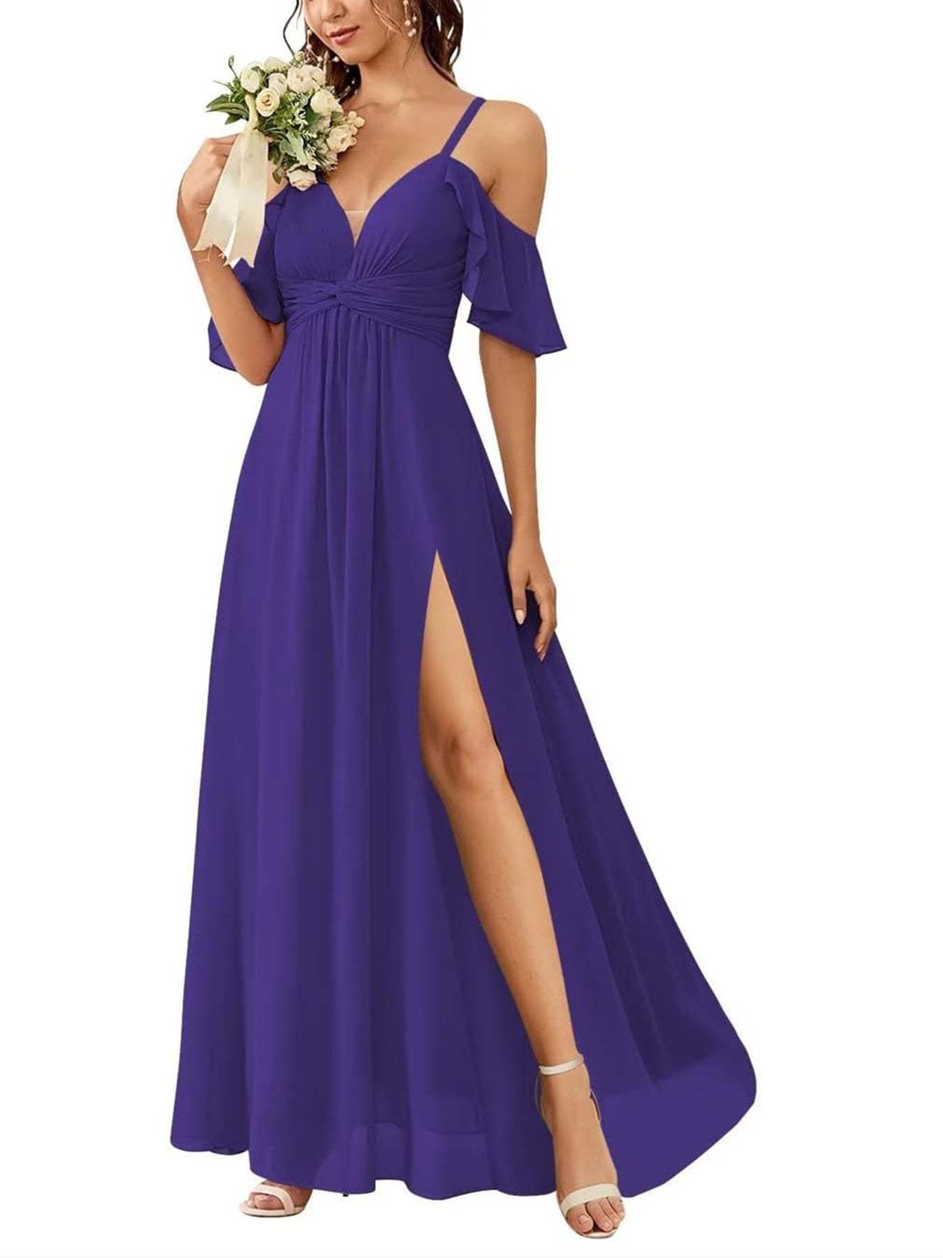 Floor-length Princess A-line Bridesmaid Dresses with Pockets and Off-the-Shoulder Neckline