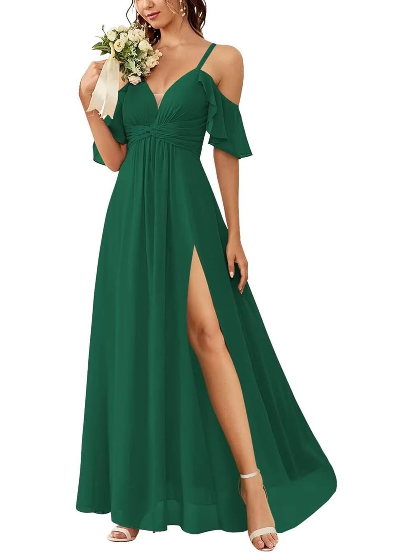 Floor-length Princess A-line Bridesmaid Dresses with Pockets and Off-the-Shoulder Neckline