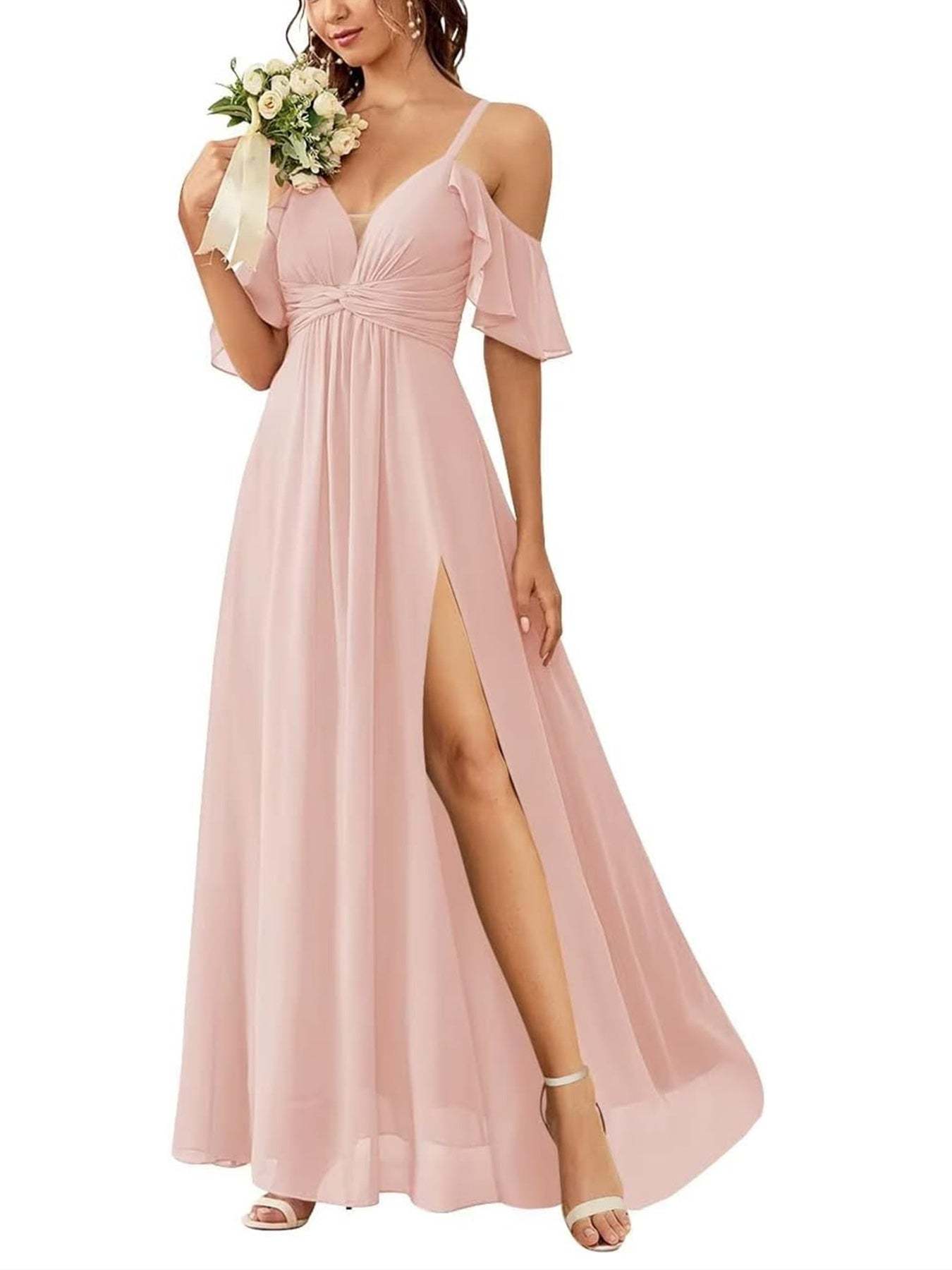 Floor-length Princess A-line Bridesmaid Dresses with Pockets and Off-the-Shoulder Neckline