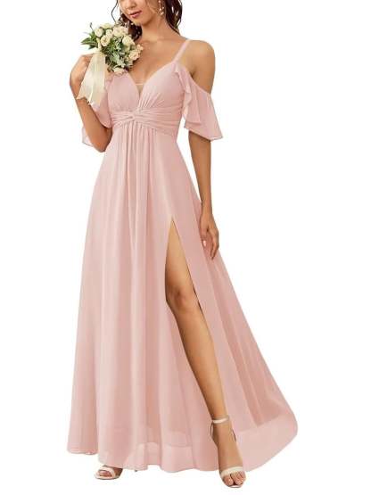Floor-length Princess A-line Bridesmaid Dresses with Pockets and Off-the-Shoulder Neckline