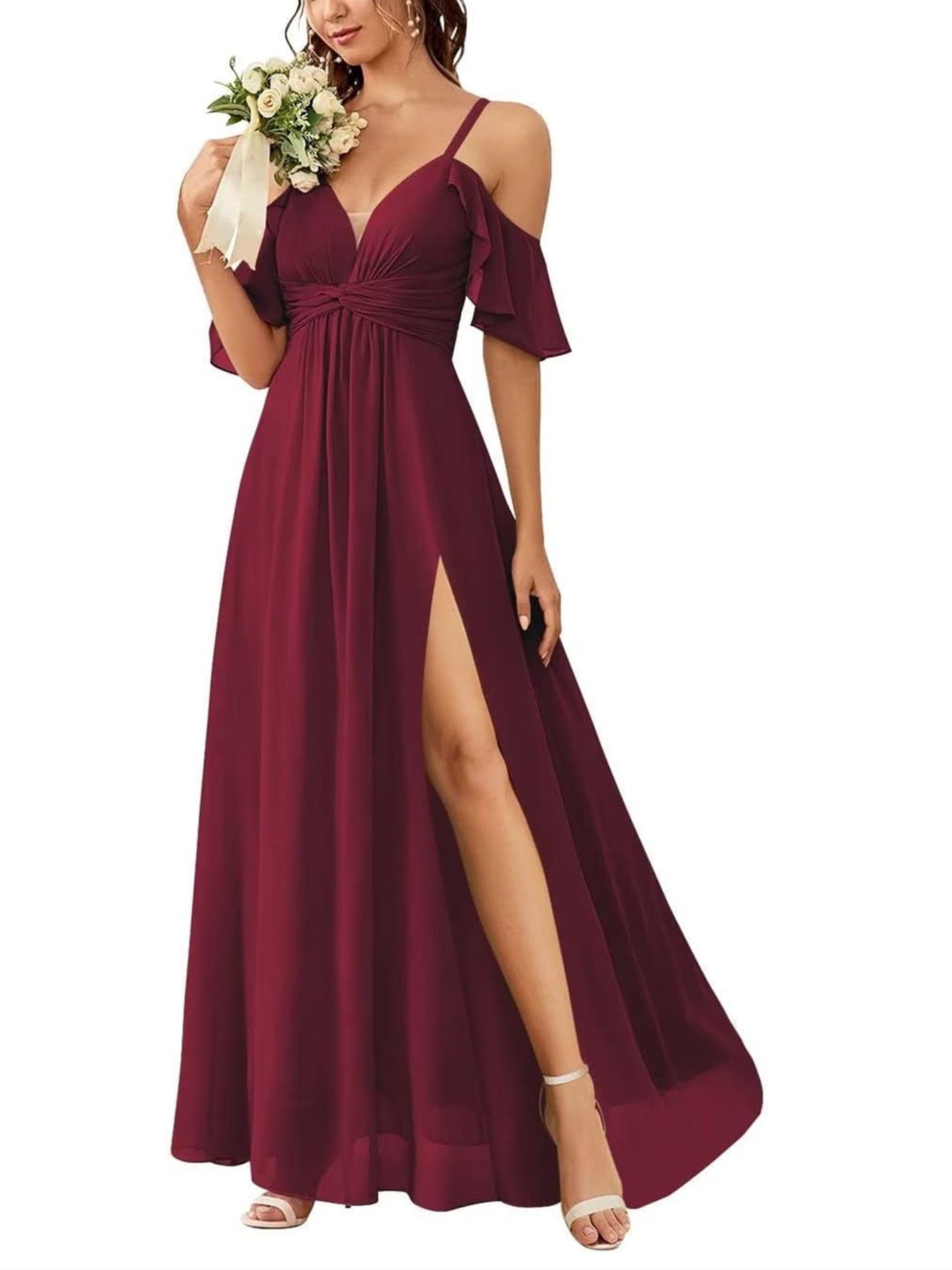 Floor-length Princess A-line Bridesmaid Dresses with Pockets and Off-the-Shoulder Neckline