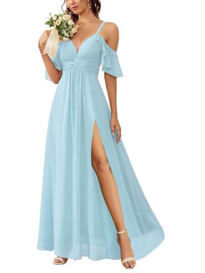 Floor-length Princess A-line Bridesmaid Dresses with Pockets and Off-the-Shoulder Neckline