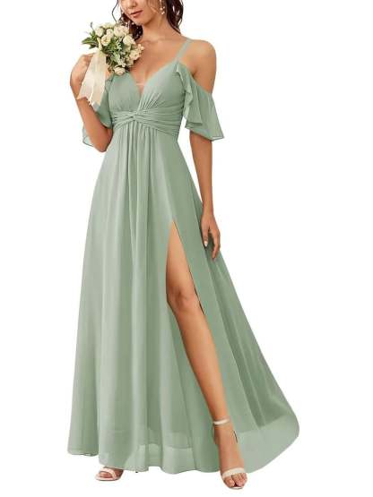 Floor-length Princess A-line Bridesmaid Dresses with Pockets and Off-the-Shoulder Neckline