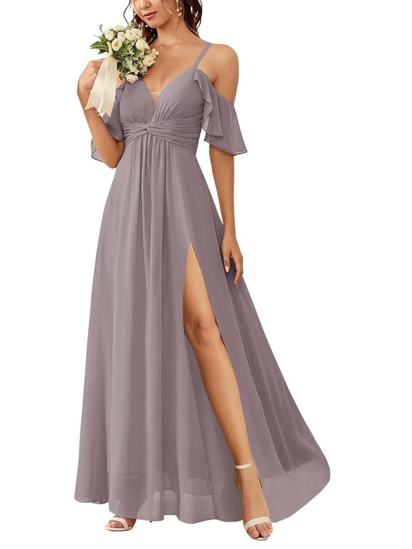 Floor-length Princess A-line Bridesmaid Dresses with Pockets and Off-the-Shoulder Neckline