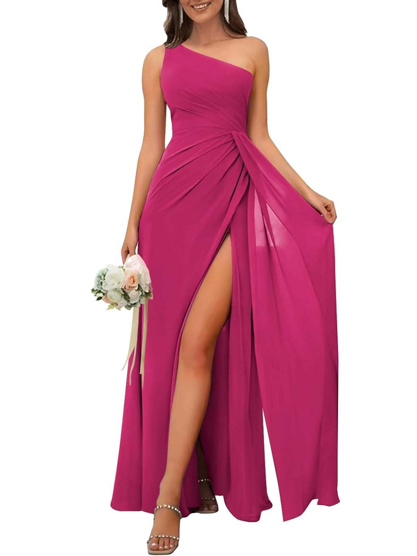 One-Shoulder Sleeveless Floor-Length A-Line Bridesmaid Dress with Side Split