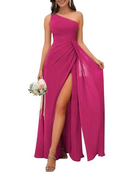 One-Shoulder Sleeveless Floor-Length A-Line Bridesmaid Dress with Side Split
