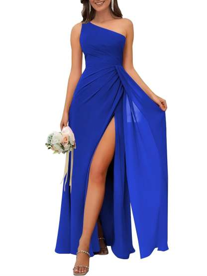 One-Shoulder Sleeveless Floor-Length A-Line Bridesmaid Dress with Side Split