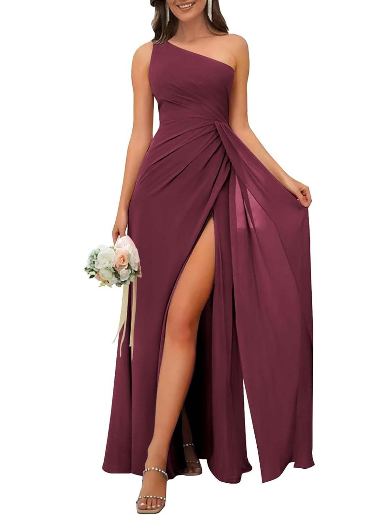One-Shoulder Sleeveless Floor-Length A-Line Bridesmaid Dress with Side Split