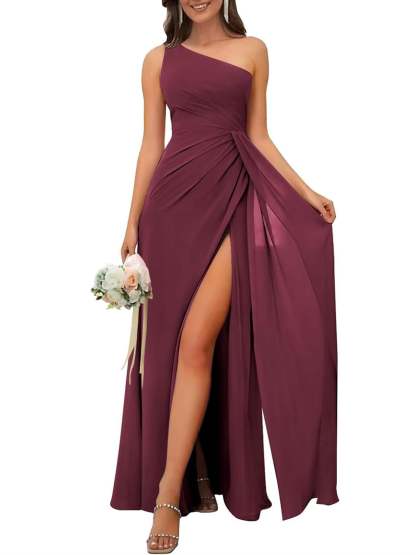 One-Shoulder Sleeveless Floor-Length A-Line Bridesmaid Dress with Side Split