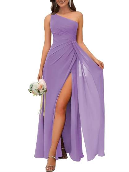 One-Shoulder Sleeveless Floor-Length A-Line Bridesmaid Dress with Side Split